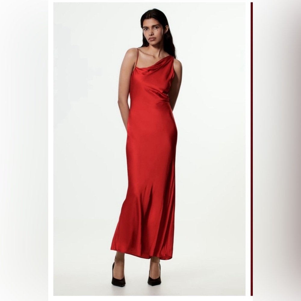 Zara ZW COLLECTION Red Satin Effect Maxi Dress. Size L,